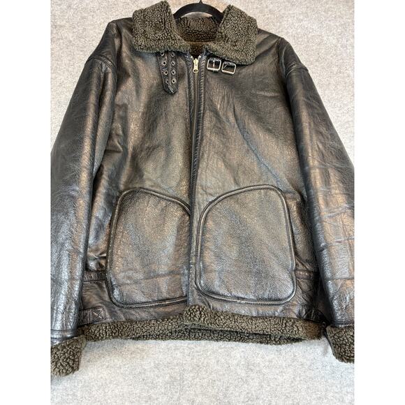 Vintage 80s Leather Aviator Leather Bomber Jacket Mens 4XL Black Sherpa Lined - Picture 1 of 6